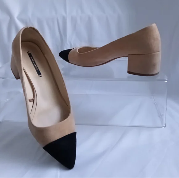 Zara Two-tone Microsued Block Heel Shoes In Tan and Black - Picture 6 of 10
